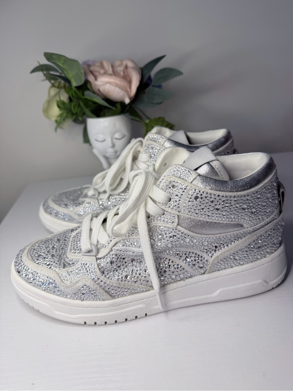 Steve Madden EVANS-R rhinestone sneakers, white silver, women's high top size 7